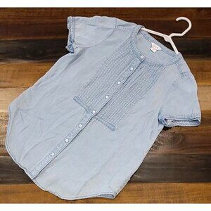 Intro Love Petite Button Up Blouse Pin Tucked Front Light Blue Blouse Size PS